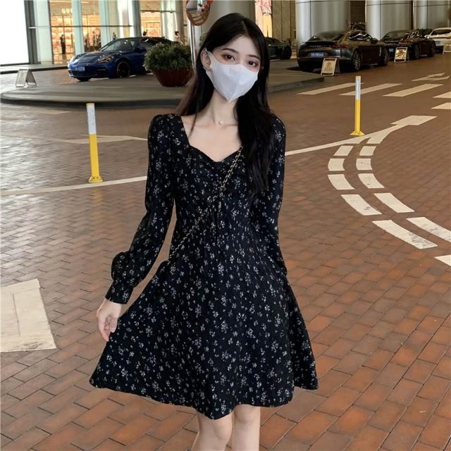【AS 梨卡】女裝 連身短裙 長袖碎花洋裝 洋裝 薄款連身裙 氣質短裙 秋冬洋裝 顯瘦短裙 VG265