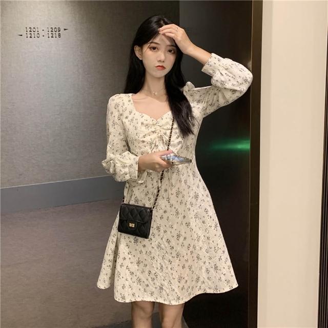 【AS 梨卡】女裝 連身短裙 長袖碎花洋裝 洋裝 薄款連身裙 氣質短裙 秋冬洋裝 顯瘦短裙 VG265
