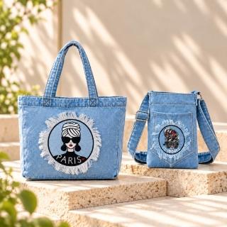 【WHOSE BAG】雙11 日系水洗牛仔刺繡托特包+輕量手機斜背包|手提肩背包 買一送一超值2件組